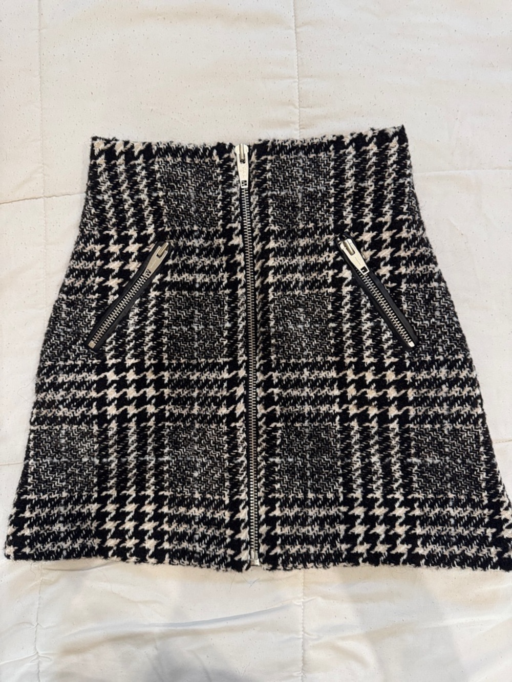 The Kooples Black & White Houndstooth Zip-Front Mini Skirt